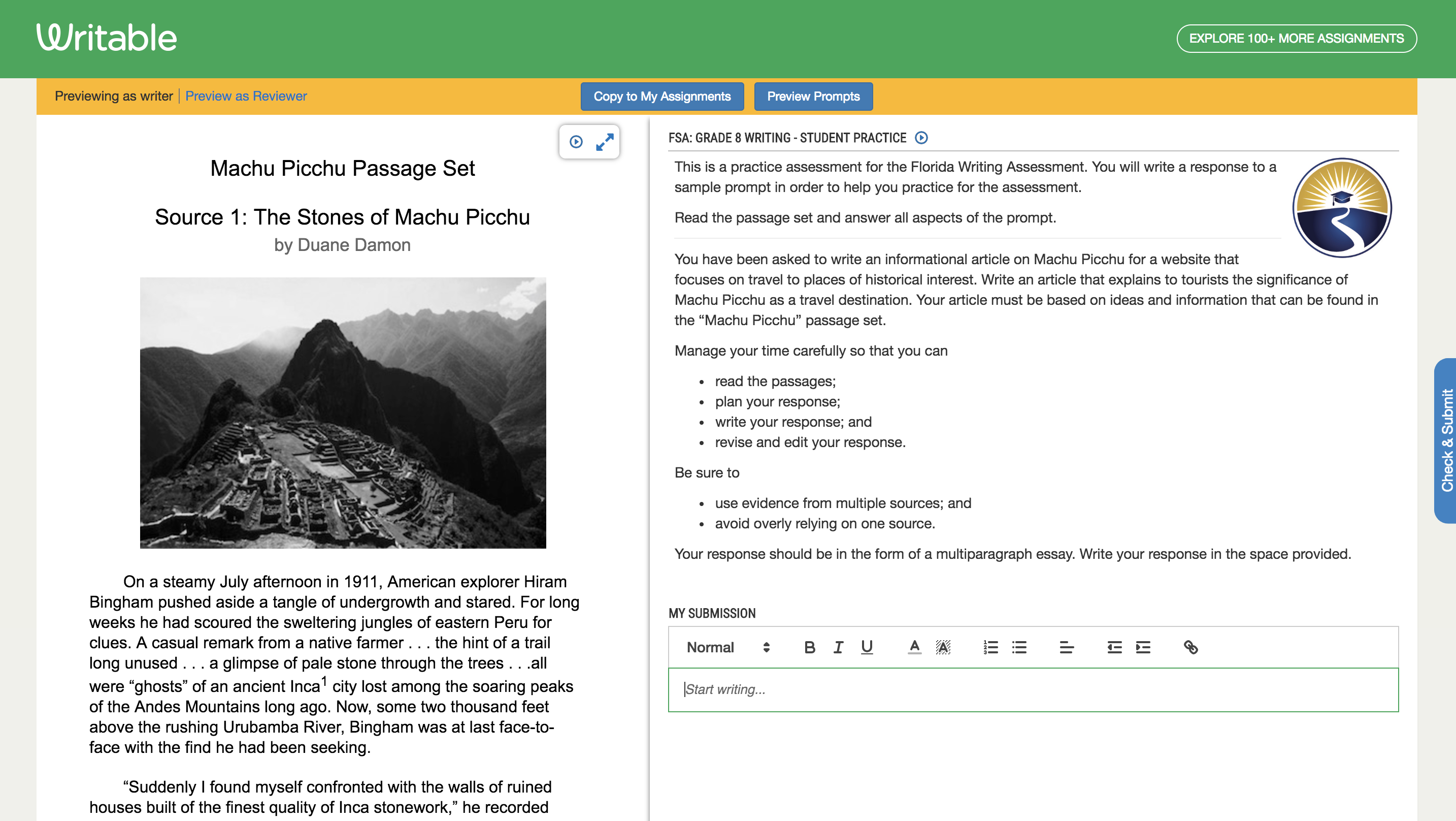FSA Practice Writing Assignments Florida Standards Assessment Writable